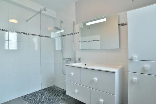 bagno bianco con lavandino e doccia di Les Figuiers - Joli maison pour 8 a Plouër-sur-Rance