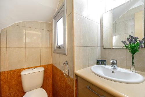 een badkamer met een toilet, een wastafel en een spiegel bij Protaras Sapphire Seaside Villa in Protaras
