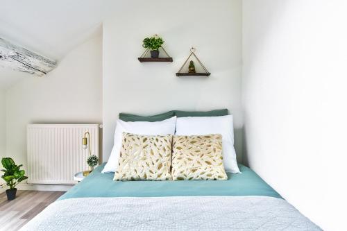 een slaapkamer met een bed met 2 kussens bij Appartement Le Chaleureux Chalon - Hyper-Centre in Chalon-sur-Saône