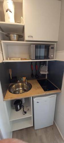 una pequeña cocina con fregadero y microondas en Petit cocon Tarbais -wifi-parking, en Tarbes