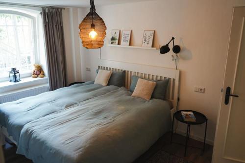 1 dormitorio con 1 cama grande en una habitación con ventana en Villa Rosa - Garden, en Detmold