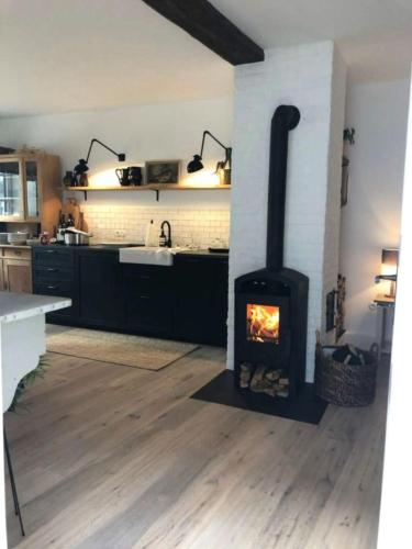 a kitchen with a stove in the middle of a room at Streckhof Stiefelgasse 3 in Purbach am Neusiedlersee