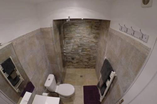 a bathroom with a toilet and a stone wall at Lovely studio Le Marais in Paris