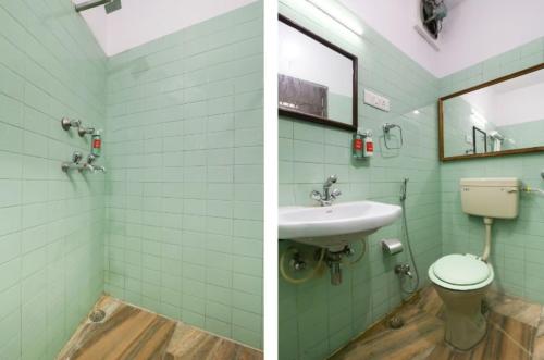 two pictures of a bathroom with a toilet and a sink at Hotel Kanha Classic, Kanpur in Kānpur