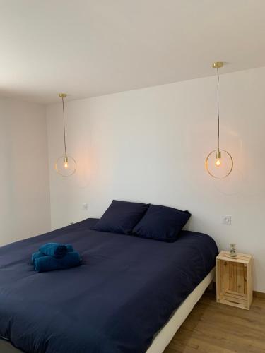 a bedroom with a bed with blue sheets and two lights at APPARTEMENT OR in Manosque