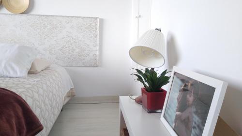 a bedroom with a bed and a table with a plant at Lovely Cat's B&B in Urrúnaga