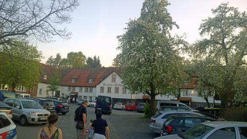 een groep mensen die door een straat lopen met auto's bij Hotel Brauhaus Wiesenmühle in Fulda
