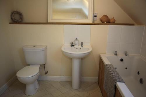 a bathroom with a toilet and a sink and a bath tub at Ayr Loft Apartment with Fabulous Views in Ayr