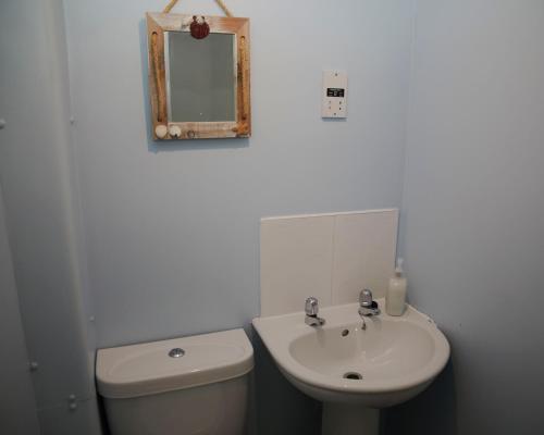 a bathroom with a sink and a toilet and a mirror at Ayr Loft Apartment with Fabulous Views in Ayr