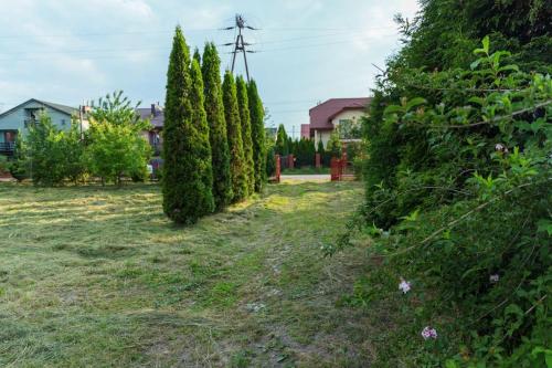 a yard with a row of bushes and trees at Free Bikes, WiFi, AC, Garden, 2 Beds in Duczki