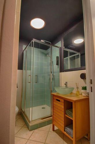 une salle de bain avec une douche en verre et un lavabo dans l'établissement Le Mans Factory - Parking Gratuit - Proche Hypercentre, au Mans