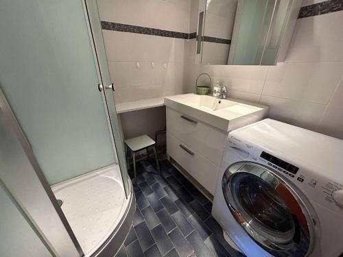 une petite salle de bains avec un lave-linge et un lavabo dans l'établissement Appartement T2 6 couchages avec jardin privé et terrasse au Grau-du-Roi, à deux pas de la mer - FR-1-250-223, au Grau-du-Roi