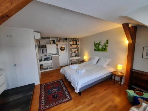 a bedroom with a white bed and a kitchen at 145m² city center 4 bedrooms view of the Cathedral in Strasbourg