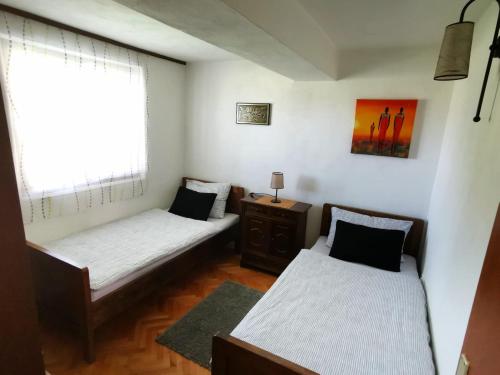 een kamer met 2 bedden en een raam bij Apartman Sveti Rok in Sveti Rok