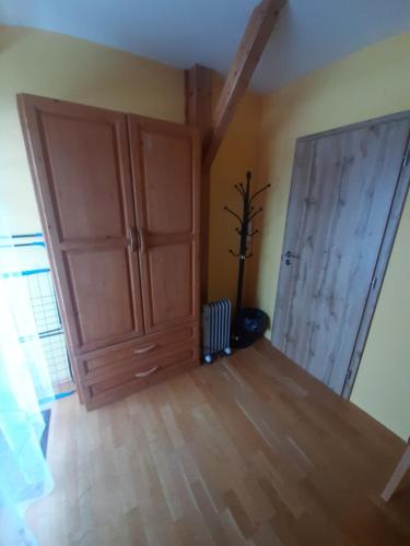a room with a large wooden door and a plant at Wellness Chata Kastanek in Kvilda