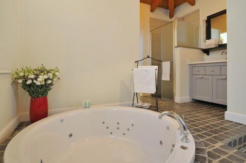 هاد نيس 229 في هاد نيس: حوض أبيض كبير في الحمام مع إناء من الزهور