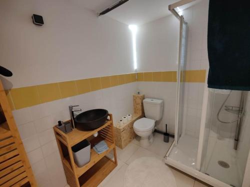 a bathroom with a toilet and a sink and a shower at Maison calme pour 6 personnes in Mouilleron-le-Captif