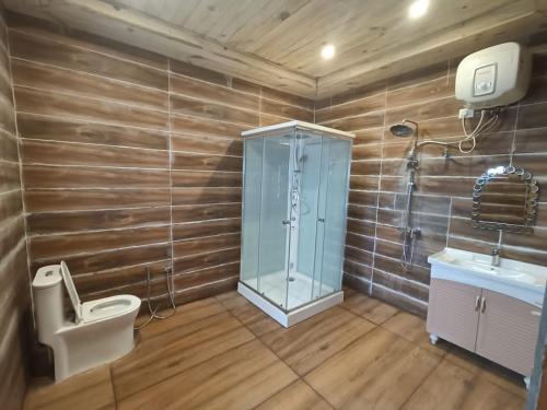 a bathroom with a shower and a toilet and a sink at THE HIMALAYAN WOODS, CHAUKORI in Chaukori