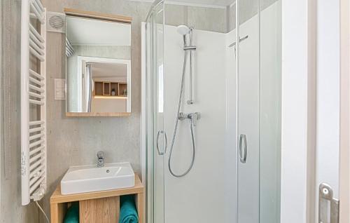 W łazience znajduje się prysznic i umywalka. w obiekcie Wildkraeuterweg 14 w mieście Untergriesbach