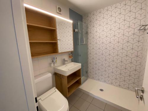 a small bathroom with a toilet and a sink at Casa Zundregn - ein Bijou mit privater Terrasse und E-Mobility in Savognin