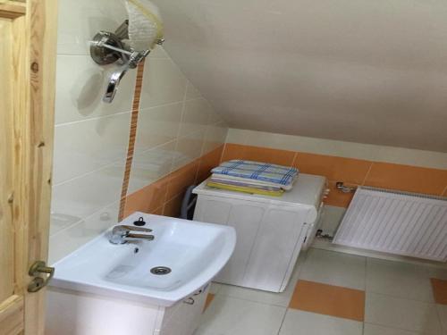 a small bathroom with a sink and a toilet at Apartman u Puškina in Štrba