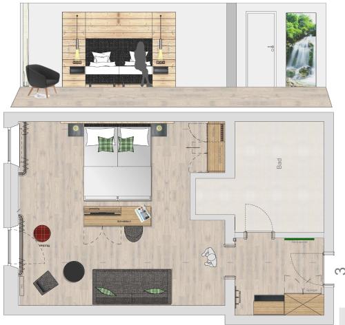 a floor plan of a living room and a bedroom at Hotel-Gasthof Mauthäusl in Weißbach