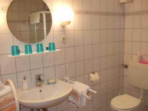 ein Badezimmer mit einem Waschbecken, einem WC und einem Spiegel in der Unterkunft Ferienhof Nickelswarft  in Poppenbüll