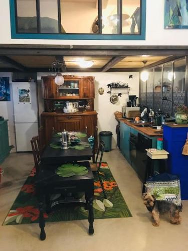 - une cuisine avec une table et un chien dans une chambre dans l'établissement LOFT D ARTISTES AVEC PATIO AU PORT DE NICE, à Nice