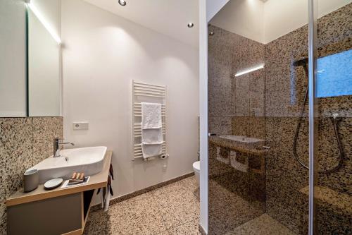 y baño con lavabo y ducha. en Domus Faber 1, en Merano