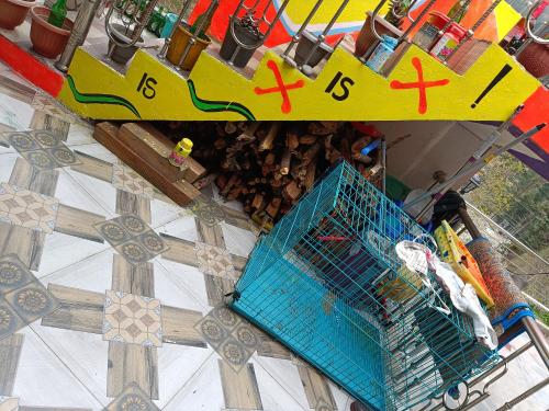 Vue de tête d'une cage pour oiseaux sur une table dans l'établissement Dog n Hill, à Kasol