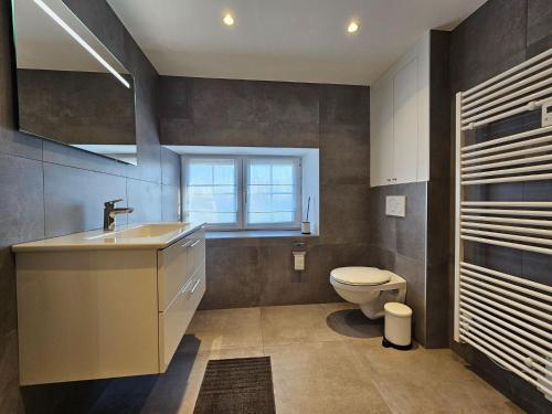 a bathroom with a toilet and a sink and a window at Holiday Home in Wallonie with Terrace in Ronde Haye