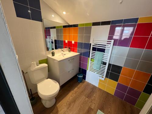 a bathroom with a toilet and a colorful tiled wall at Appartement 6 - hyper-centre Agen avec Garage in Agen