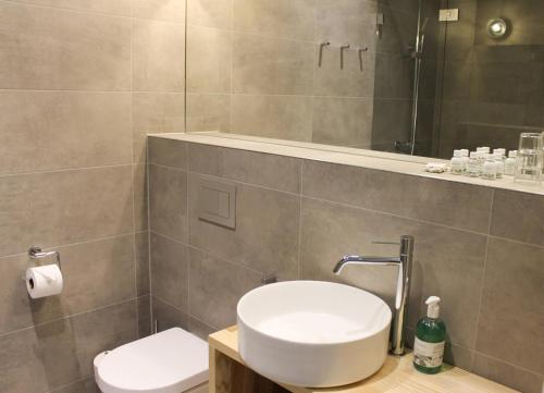 a bathroom with a sink and a toilet and a mirror at Tofta Herrgård in Lycke