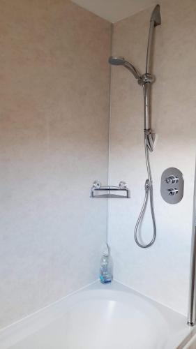 La salle de bains est pourvue d'une douche avec un pommeau de douche. dans l'établissement Beauly Holiday Home, à Beauly