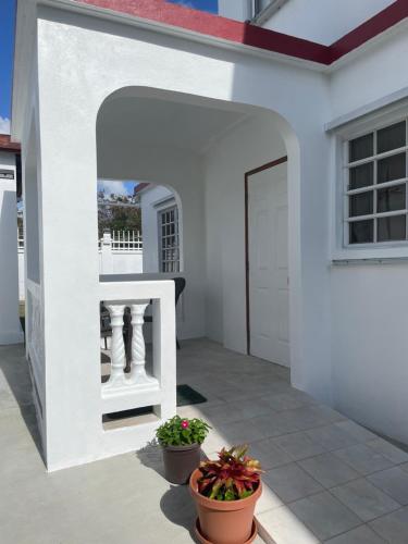 a white house with two potted plants and a door at Luxurious One and Two Bedroom Villa in Christiansted