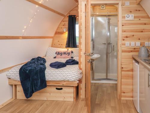 1 dormitorio pequeño con ducha en una casa pequeña en Parliament en Harpham