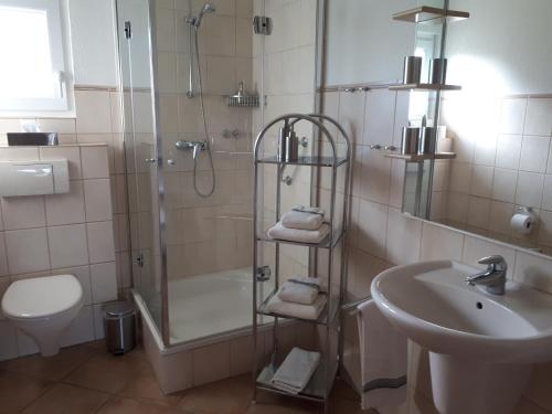 uma casa de banho com um chuveiro, um lavatório e um WC. em Ferienhaus Hopp em Fehmarn