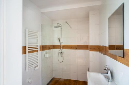 La salle de bains est pourvue d'une douche et d'un lavabo. dans l'établissement Nadmorska Osada, à Łeba