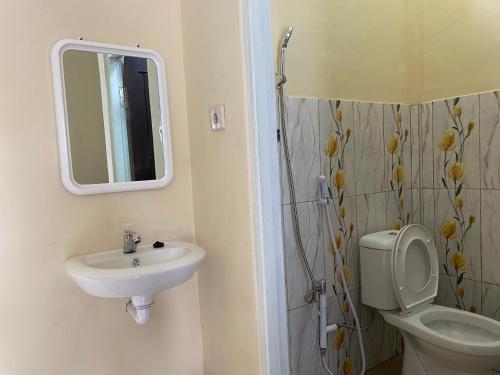 a bathroom with a sink and a toilet and a mirror at Tingang84 Guesthouse in Palangkaraya