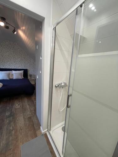 een douche met een glazen deur in een slaapkamer bij Gîte de l'Archipel in Trélévern