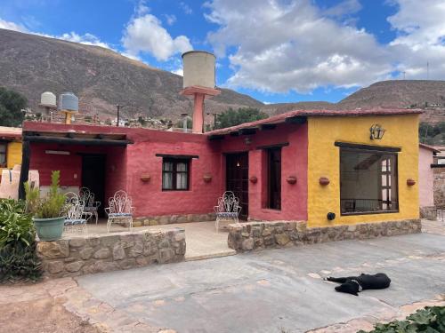 a house with a dog laying in front of it at Hostería Plaza Chica Tilcara in Tilcara