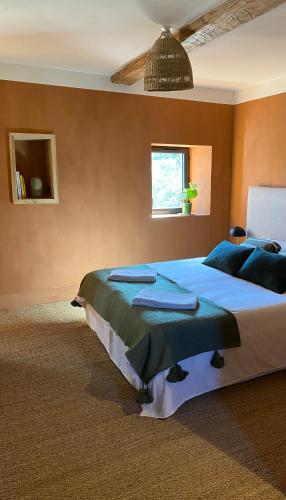 a bedroom with a large bed with blue pillows at Cévennes - Splendide chambre d'hôtes, indépendante et moderne in Monoblet