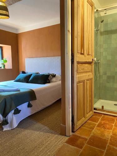 - une chambre avec un lit et une douche dans l'établissement Beauregard Cévennes - Splendide chambre d'hôtes, indépendante et moderne, à Monoblet
