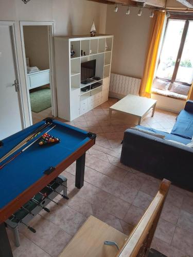 un salon avec une table de billard et un canapé dans l'établissement La Grande Maison - Les Gîtes de la Lohuas, à Les Champs-Géraux