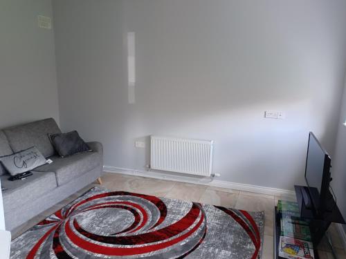 a living room with a couch and a red and black rug at Eva Lodge in Tralee