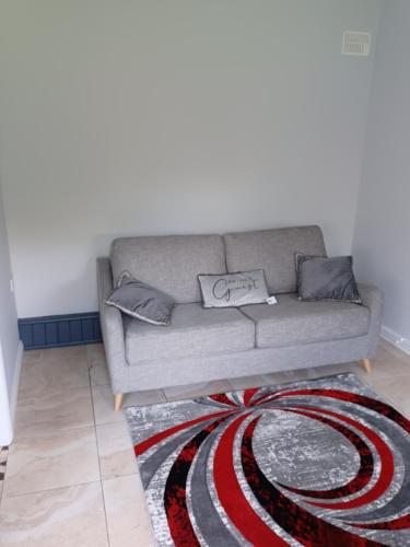 a couch in a living room with a rug at Eva Lodge in Tralee