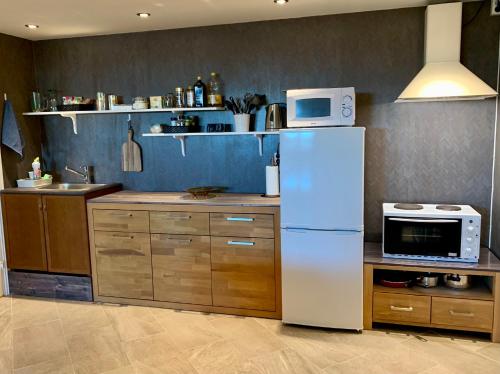 uma cozinha com um frigorífico branco e um micro-ondas em Hybel i underetasje 700m fra strand em Trøgstad