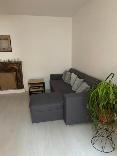sala de estar con sofá y mesa en Chambre chez l’habitant, en Sillé-le-Guillaume