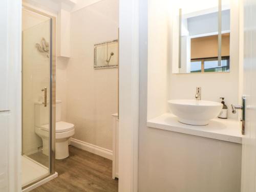 a white bathroom with a sink and a toilet at The Hideaway in Kingsbridge