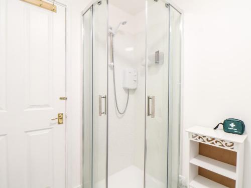 a shower with a glass door in a bathroom at Sandyfeet in Camborne